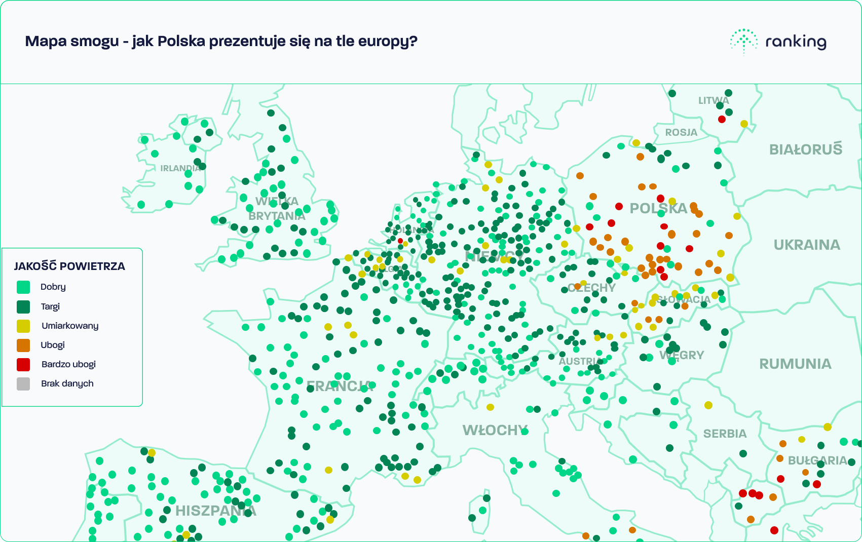 Mapa smogu - Polska na tle Europy