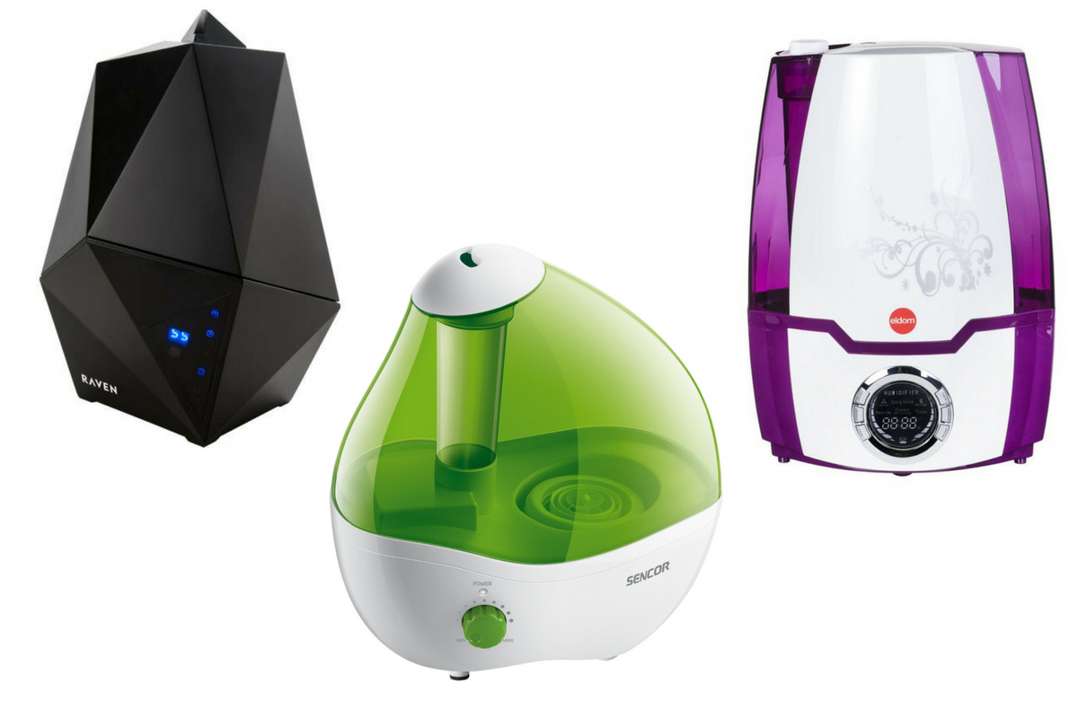 trzy nawilżacze ultradźwiękowe obok siebie