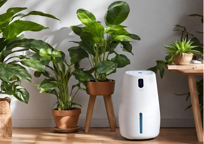 Nawilżacz powietrza obok roślin.