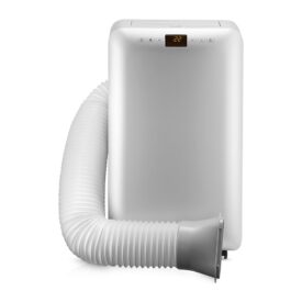 Klimatyzator Fersk Twinne na białym tle z podłączoną rurą, widok od przodu.