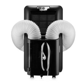 Klimatyzator Fersk Twinne na białym tle z podłączonymi dwiema rurami, widok od tyłu.